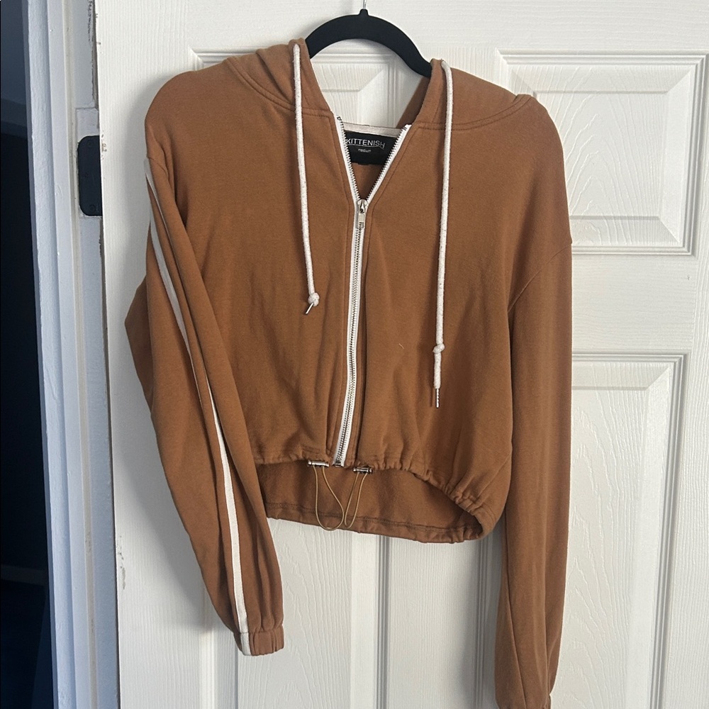 Tan Zip-Up Crop Hoodie